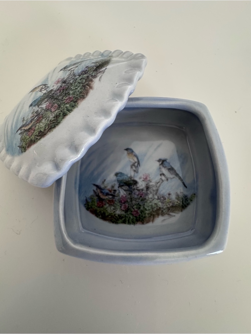 Vintage Bluebird Trinket Box Hand Painted Ceramic Jewelry Box Cottagecore Decor - Picture 4 of 10